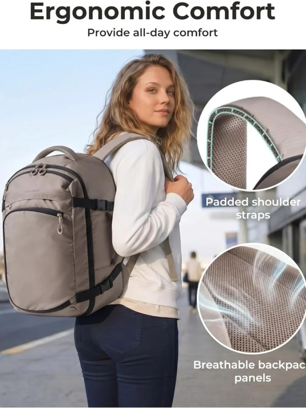 35L Travel Backpack for Men & Women - Stylish 17-Inch Carry-On Bag, Beige